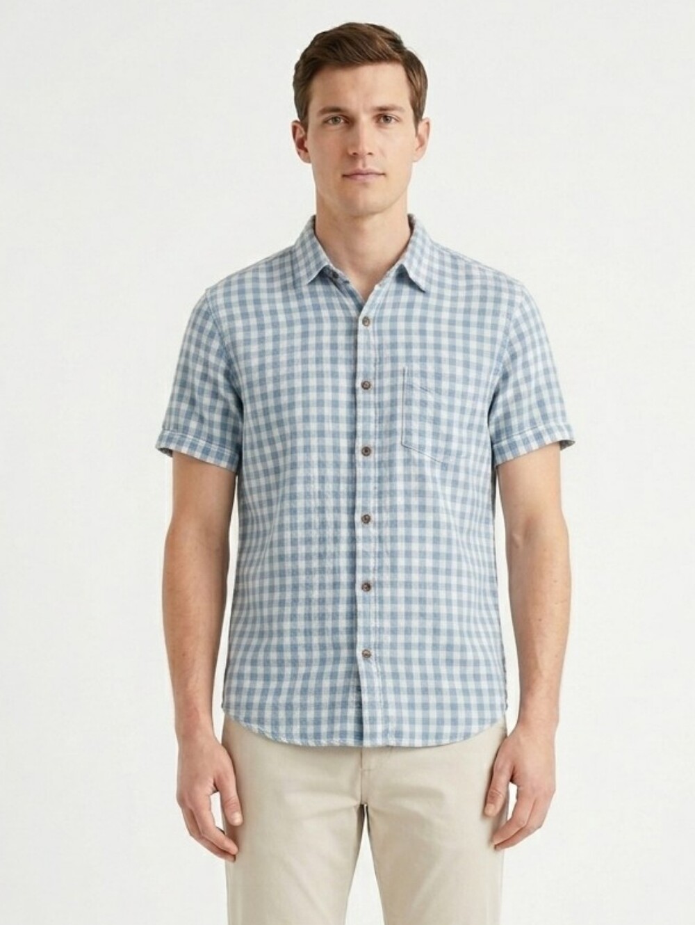 J. Crew Homespun Slim Fit Men M Blue Gingham Check Short Sleeve Cotton Shirt